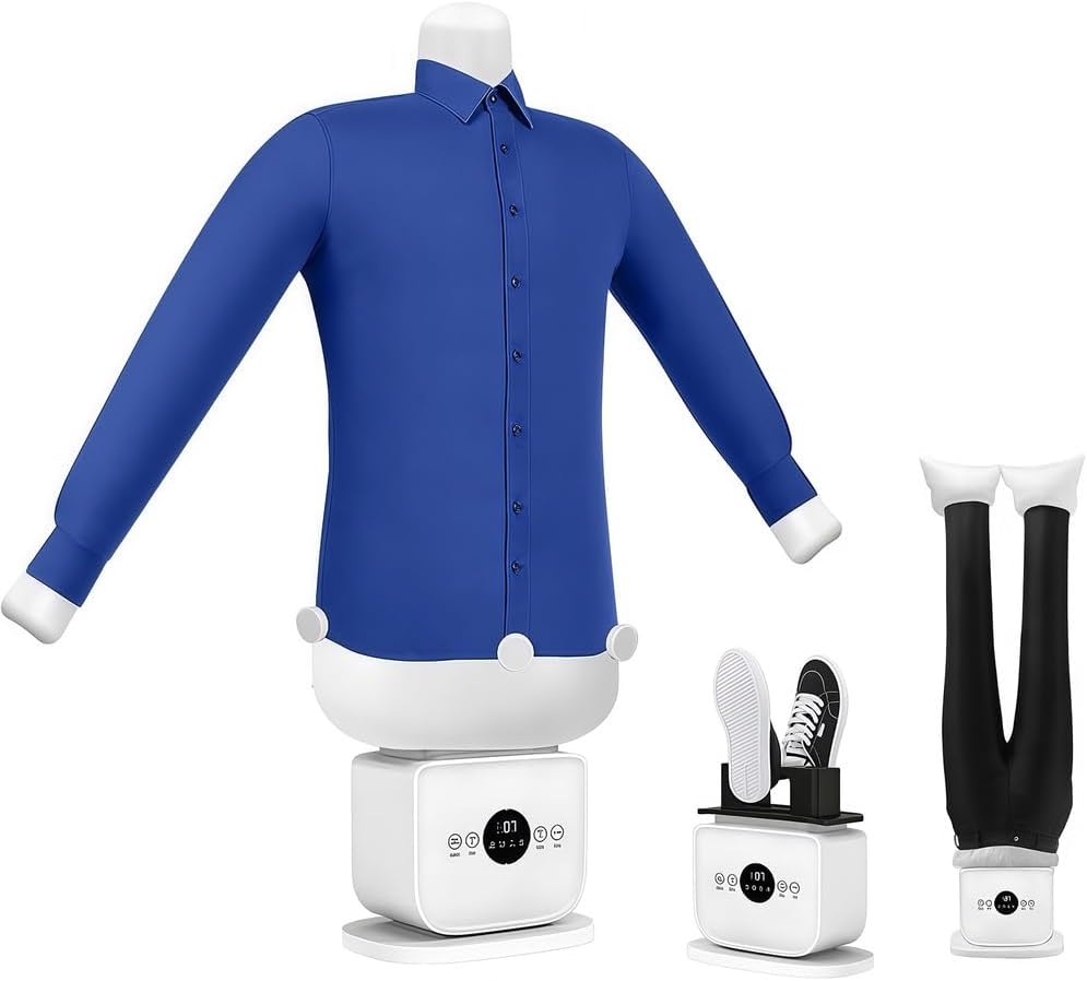 Decouvrez ce mannequin de repassage au format peu encombrant en coloris bleu et blanc