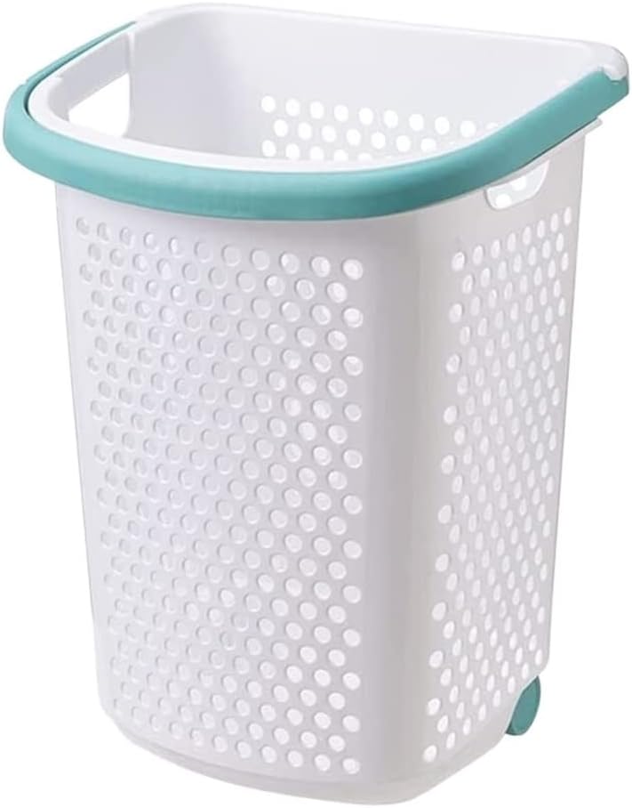 Ce panier a linge comprend une poignee de prise en main avec des roulettes