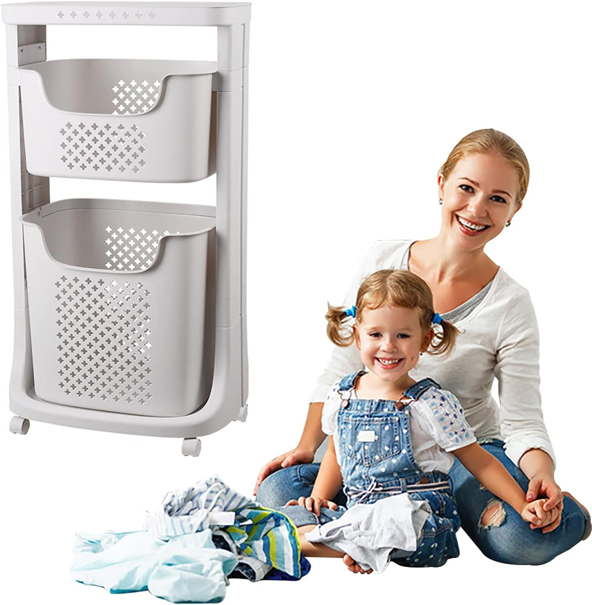 Un chariot a linge combine un couvercle avec des espaces separes
